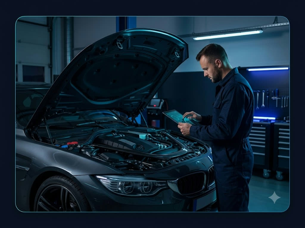 Mechanic using Auto Service Hub on a tablet in the workshop
